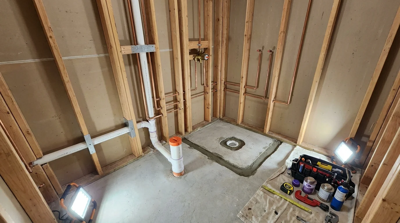 Bathroom rough-in plumbing during remodel by Johns Plumbing LLC in Newmanstown