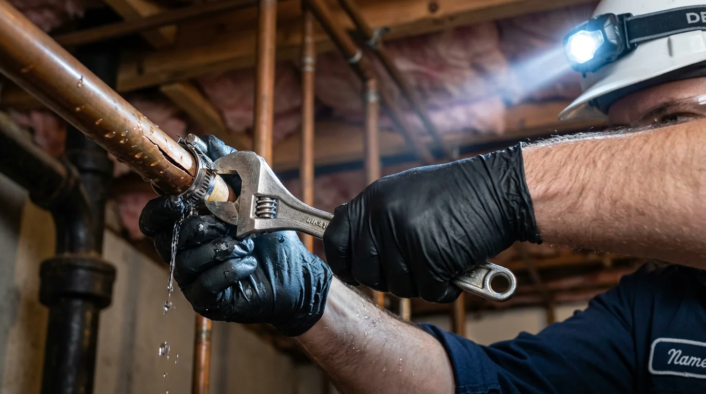 Emergency pipe clamp repair being performed by a Johns Plumbing LLC plumber in Newmanstown