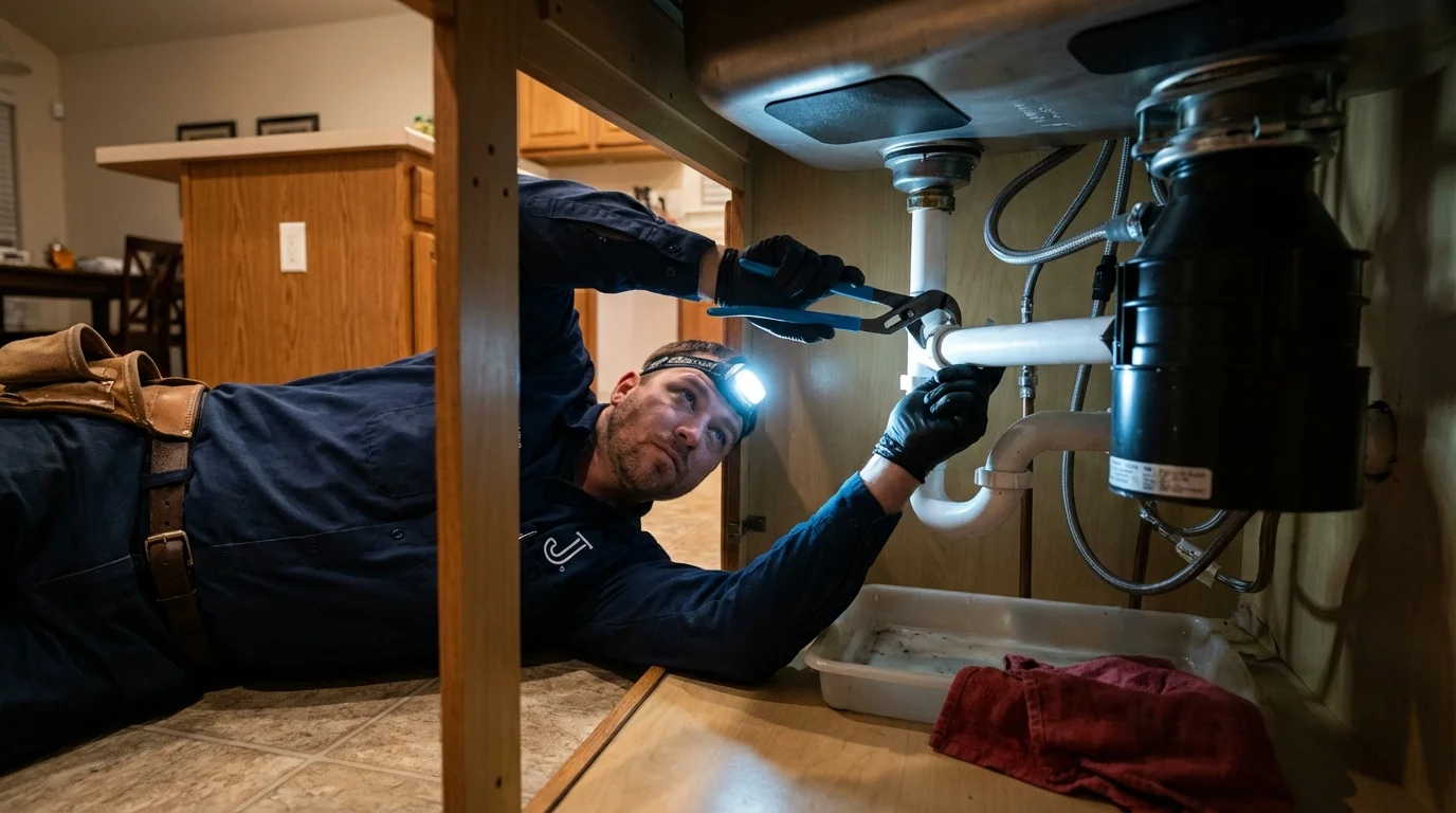P-trap and supply line connections under a kitchen sink showing a common leak point in Newmanstown, PA